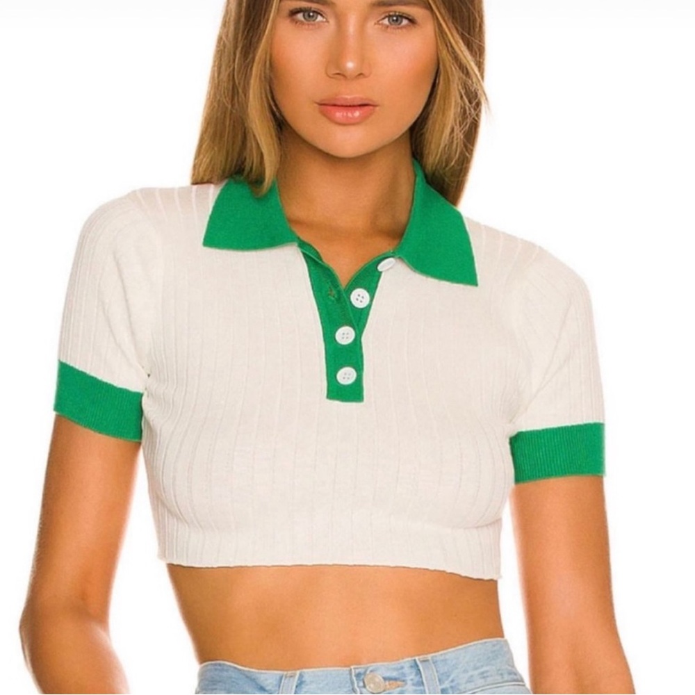 All The Ways Joyce collar crop top, white with green collar, size small